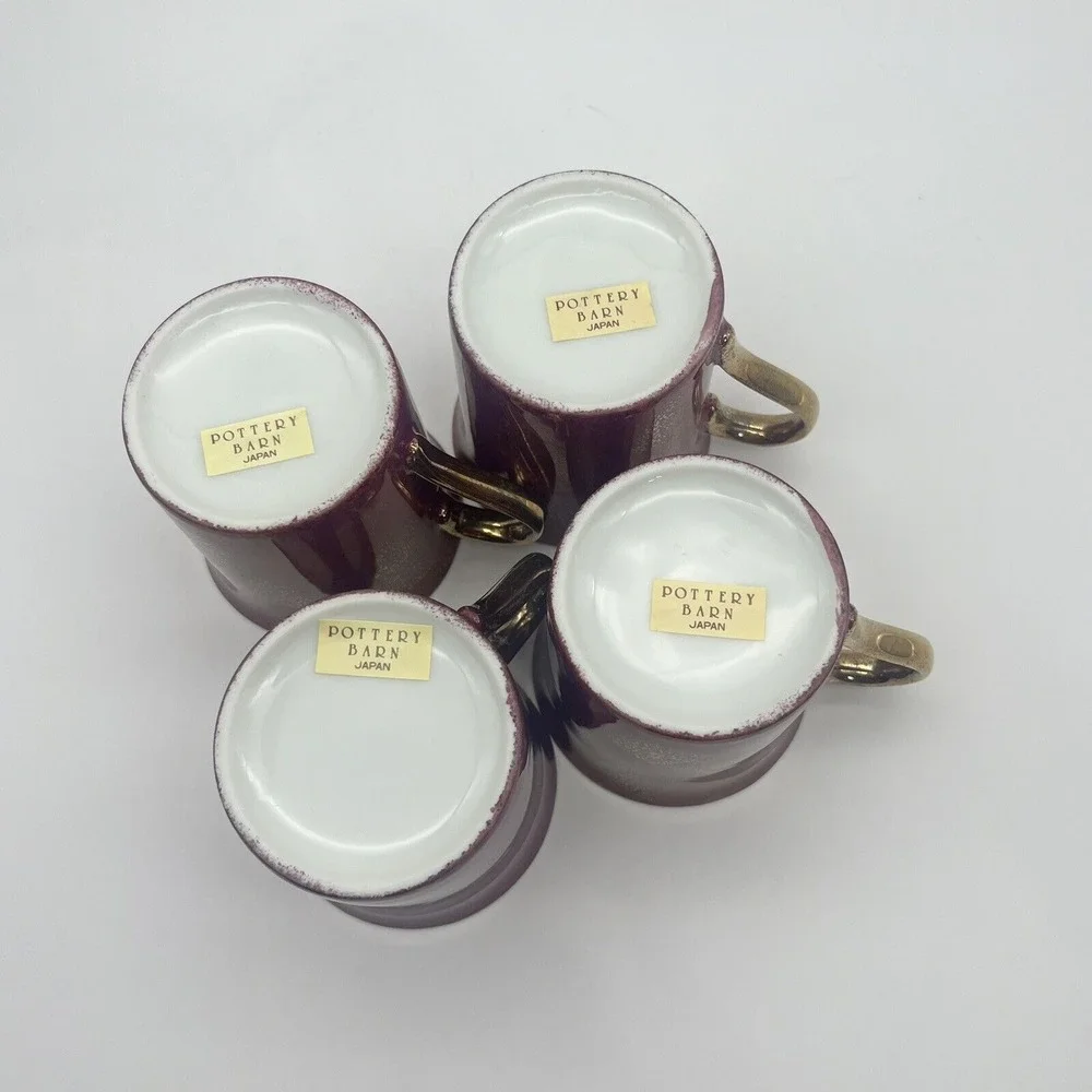 Pottery Barn Hiraki Coffee Mugs Iridescent Japan Lusterware Gold Handle Set of 4